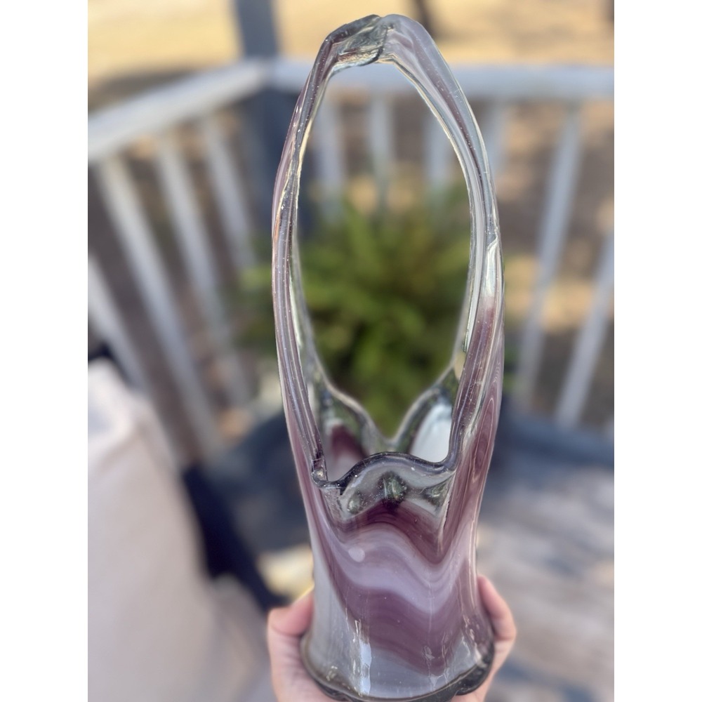 Vintage Beautiful Blown‎ Stretched Art Glass Basket Vase Pink & White 11.5" Tall